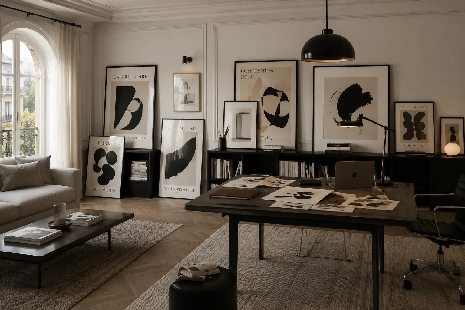 Studio d'artiste aux affiches abstraites noir et blanc dans des cadres noirs, bureau sous une fenêtre en arc