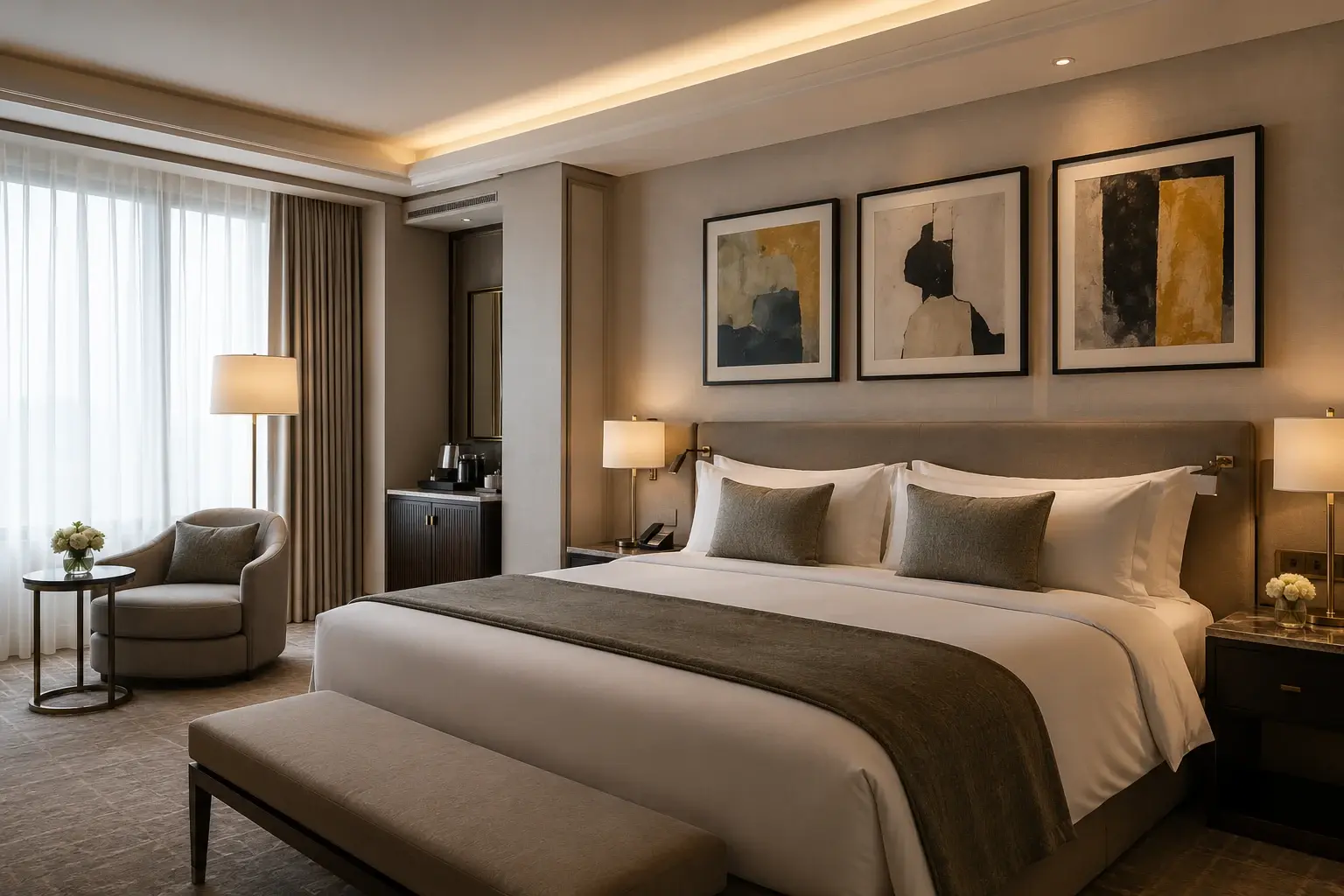 Chambre d'hôtel avec trois cadres noirs au-dessus du lit, peintures abstraites ocre et noir