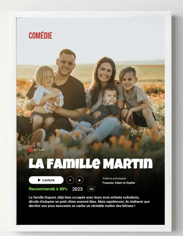 Cadre blanc, affiche personnalisée façon plateforme de streaming « La famille Martin »