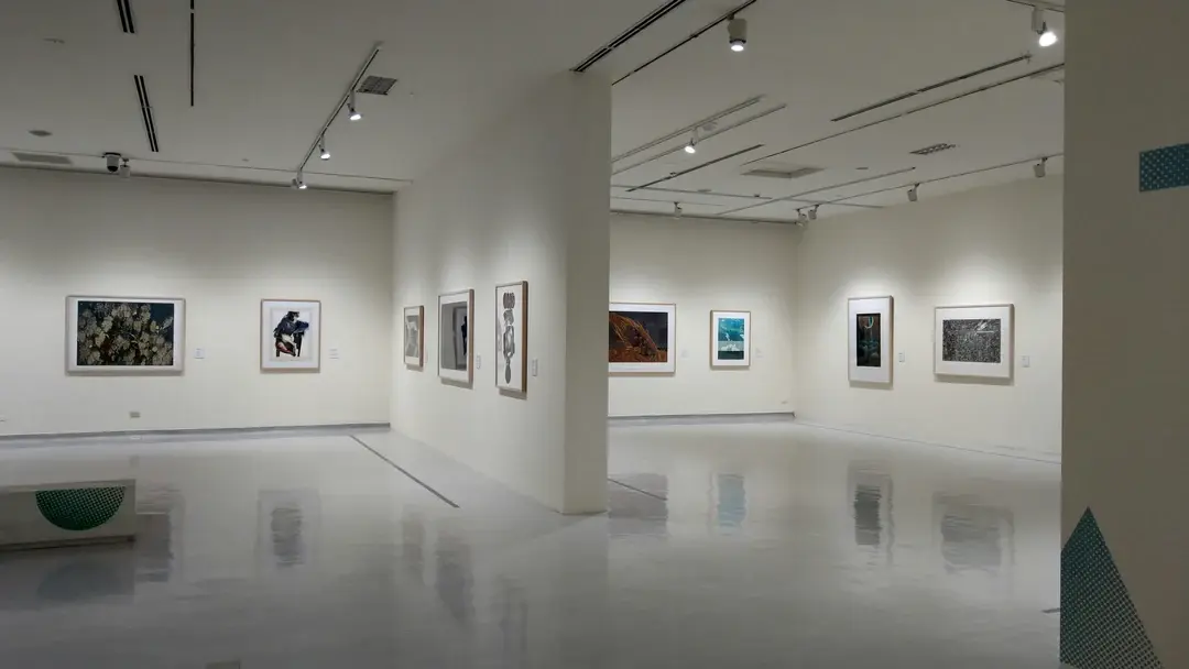 Salle d'exposition aux murs blancs et œuvres encadrées, sol brillant