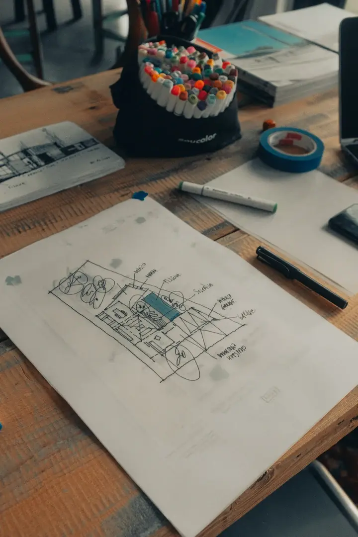 Bureau d'architecte avec croquis, feutres et ruban adhésif